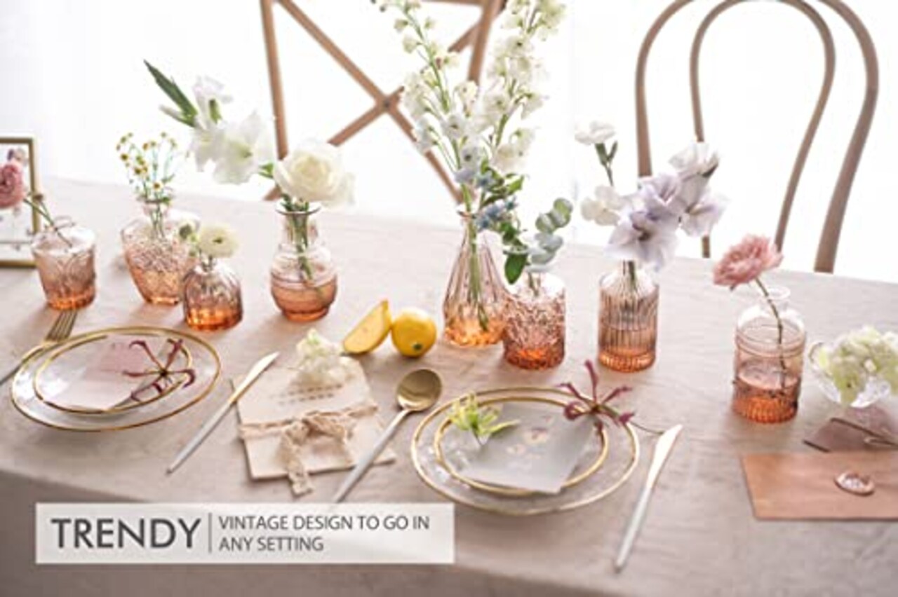Set of 10 - Amber Glass Bud Vase - Small for Flowers, Bud - in Bulk, Cute Mini Vintage Vases for Centerpieces, Wedding Decorations, Table Decor(Pink Orange)